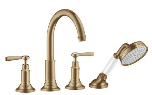 AXOR Fliesenrandarmatur in Brushed Bronze mit zwei Hebelgriffen und einer hohen Auslaufhöhe, kombiniert mit einer Handbrause für eine flexible Nutzung.